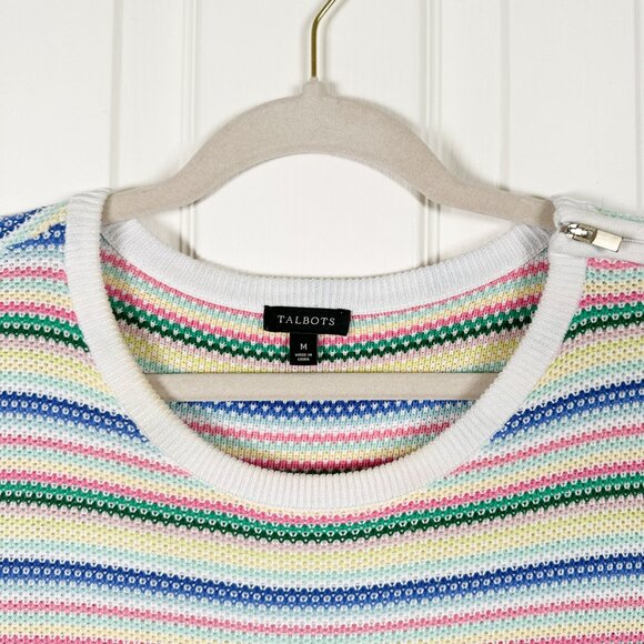 Talbots Size M White Colorful Stripe Sweater Zip Shoulder 3/4 Sleeve Pul… - Picture 3 of 7